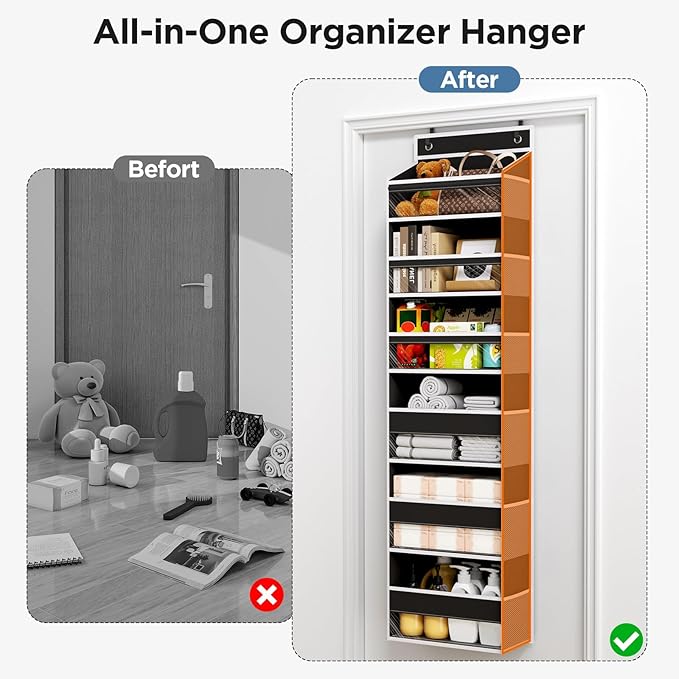Mefirt Over The Door Organizer, 6 Shelf Door Hanging Organizers with 6 Large Capacity Pockets, Behind Door Storage Hanging Shelves for Closet Wall Bathroom Bedroom Nursery