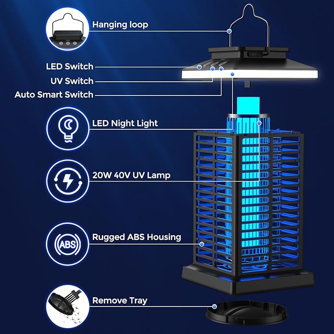 Bug Zapper Outdoor, Mosquito Zapper 2 in 1 Portable & Rechargeable Bug Zapper Outdoor with 5000mAh Battery & LED Night Light, 4000V Electric Fly Zapper for Outside,Patio,Backyard,Garden