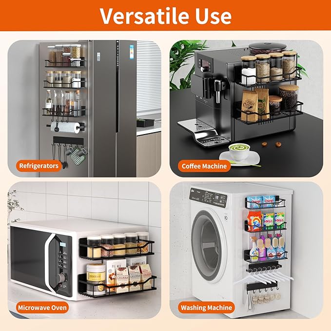 Magnetic Spice Rack,Multifunctional Magnetic Shelf for Washing Machine,Refrigerator,Microwave,and Any Metal Surface,Powerful Magnetic Shelves Include Magnetic Paper Towel Holder (5 pcs - Black)