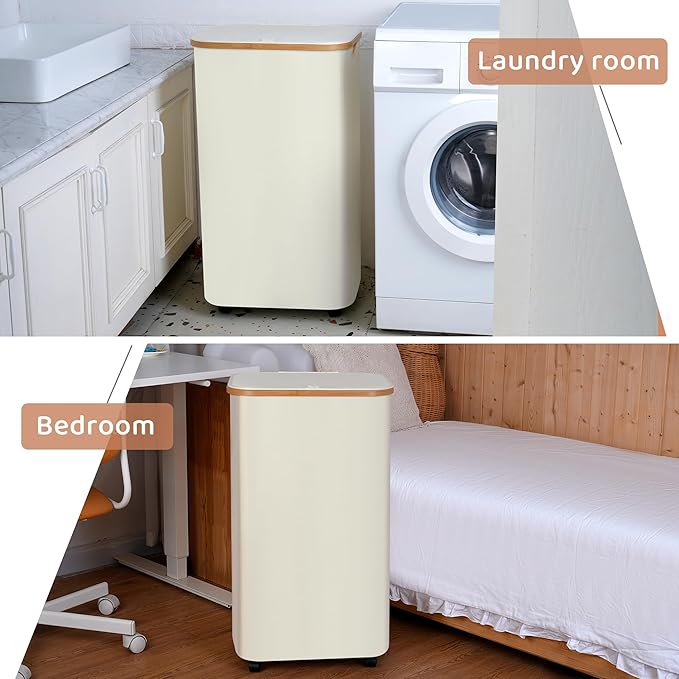 iEGrow Laundry Basket with Wheels, 110L Clothes Hamper for Laundry, Laundry Hamper with Bamboo Lid and Inner Bag, for Laundry Room, Bedroom, Dormitory Storage,Pink