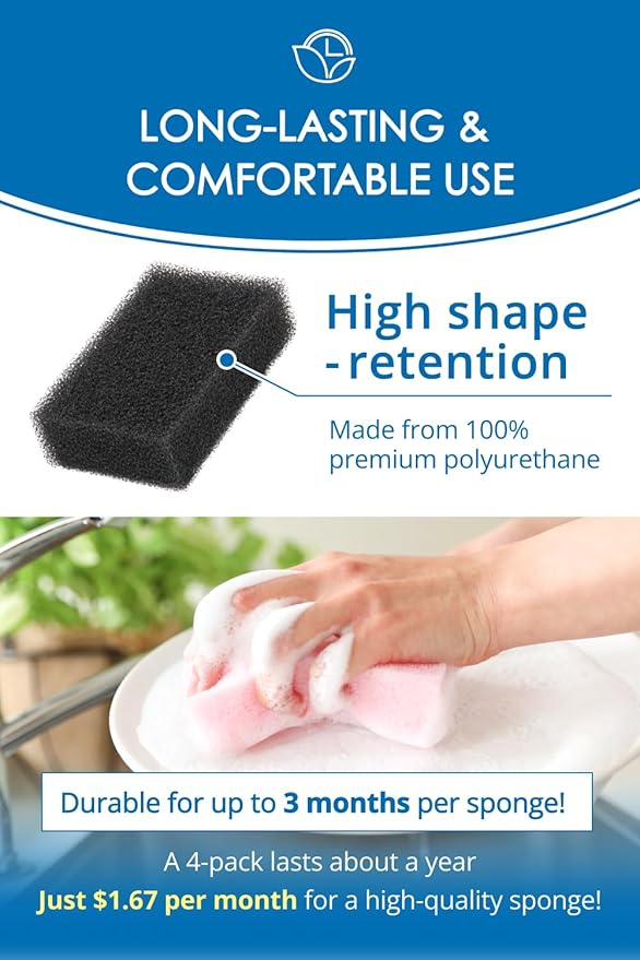 SunSun Sponge Kitchen Sponges, Made in Japan All Surface Scratch-Free Odor Resistant Durable Long-Lasting Sponge for Dishwashing, Pastel Color, 4 Count