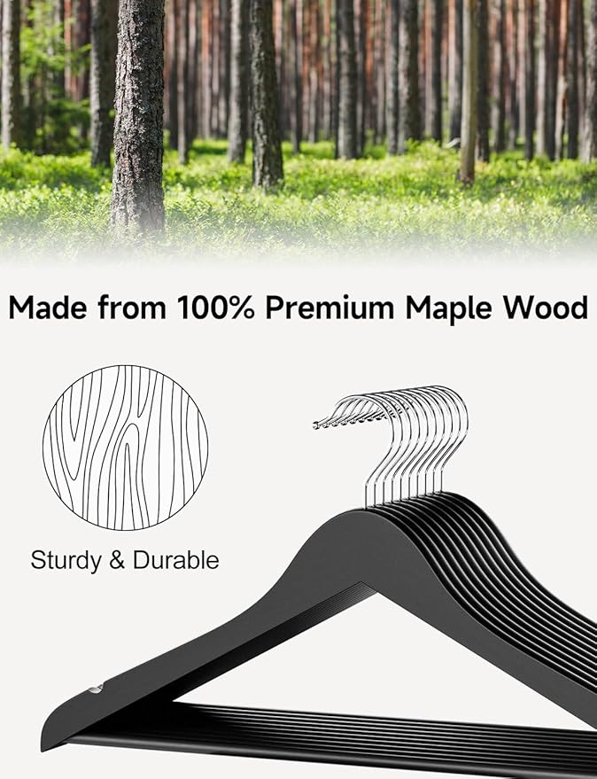 StorageWorks Black Wooden Hangers 20 Pack, Heavy Duty Wood Hangers for Closet, Clothes Hangers for Coats, Shirts, Pants, Suits