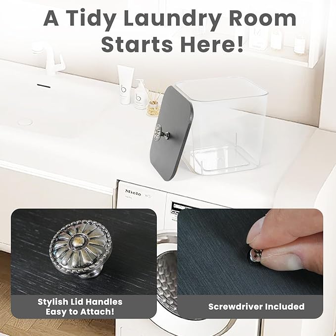 4 Pack Laundry Pods Container & Dryer Sheet Holder - Clear Plastic Laundry Room Organization Storage Containers with Black Lids, Scoops & Labels for Detergent Pods, Powder, Scent Boosters, Beads