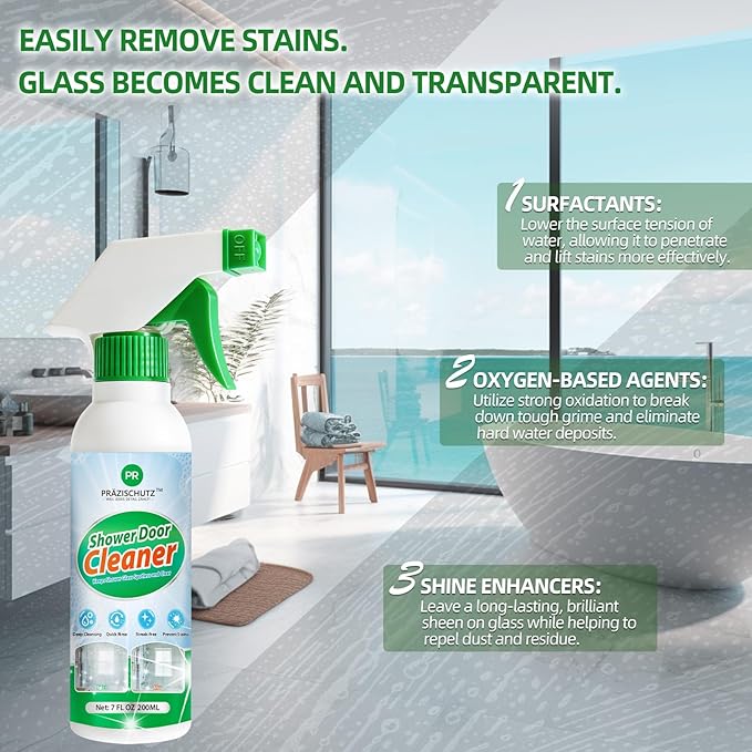 Bathroom Glass Cleaner Spray - Removes Limescale, Soap Scum, and Oil Film, Streak Free Instant Shine for Mirrors, Tiles & Shower Doors | No Residue, Vinegar-Free Formula, 200ml