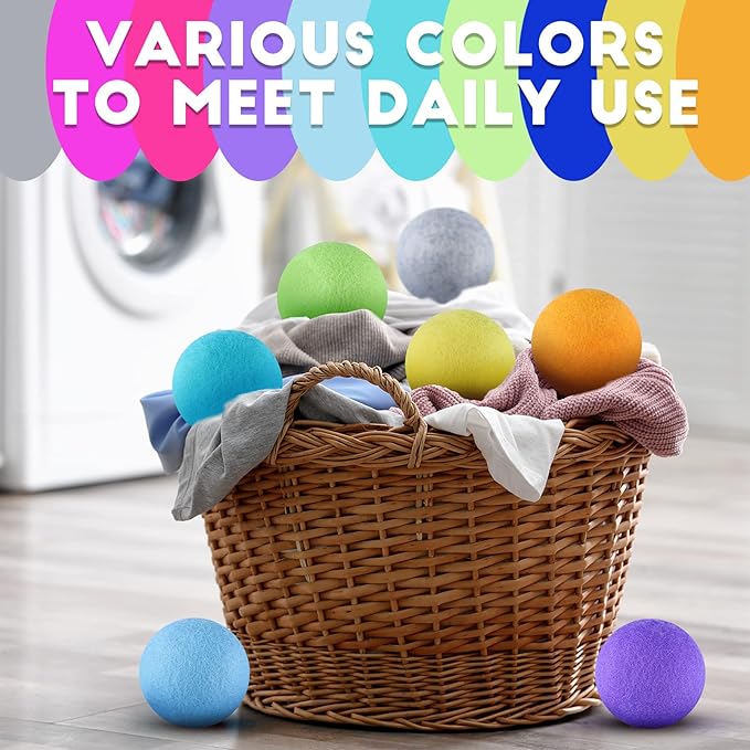 WILLBOND 10 Pack Wool Dryer Balls XL 3 Inch Reusable Laundry Natural No Lint Fabric Softener Replaces Dryer Sheets Wool Balls for Reduce Wrinkles Save Drying Time(Rainbow)