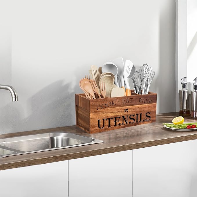 Suli Acacia Wood Utensil Holder for Kitchen Counter,Extra Large Utensils Holder with 4 Compartments,Caddy Organizer for Countertop, Farmhouse Kitchen Decor, Rustic Cooking Utensil