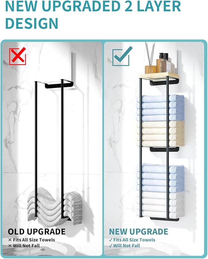 Towel Racks for Bathroom, 2 Tier Wall Towel Holder with Wood Shelf, Metal Wall Mounted Towel Rack Bathroom Organizers and Storage, Black