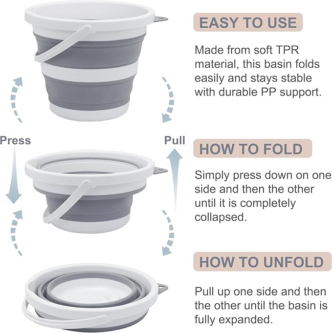 Small Collapsible Bucket 1.3 Gal/5L, BPA-Free - Space-Efficient, Portable Foldable Water Pail for Household, Outdoor Use, Car Wash, Camping, Fishing - Grey, Single Pack