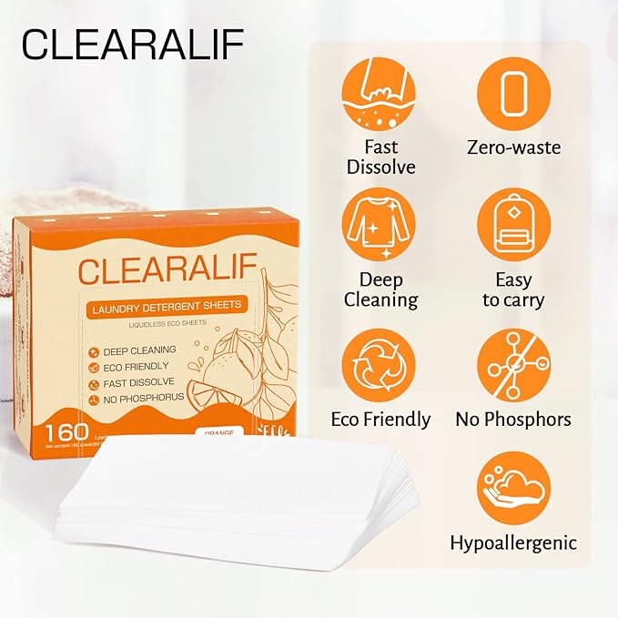 CLEARALIF Laundry Detergent Sheets (320 Loads), Orange,Great For Travel,Apartments, Dorms,CLEARALIF Laundry Detergent Strips Eco Friendly & Hypoallergenic (80 Count, Pack of 2)