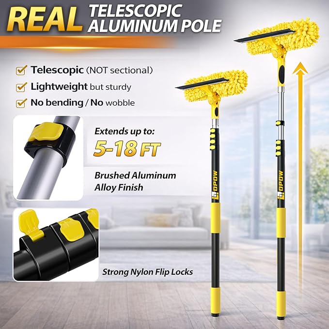 24FT High Reach Window Squeegee with Extension Pole, 2-1 Window Washing Kit with 5-Stage Telescopic Pole & Rotatable Head, No-Ladder Window Cleaner for High Window, Solar Panel, RV & Outdoor Glass