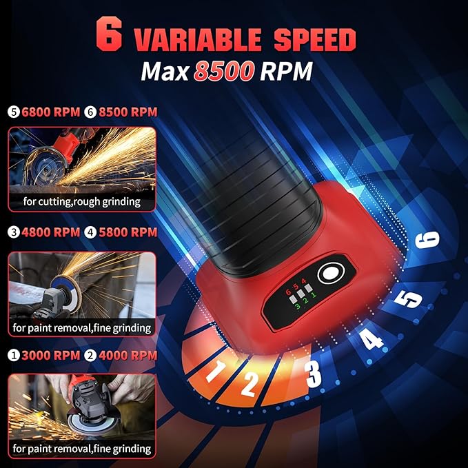 Angle Grinder 4-1/2" Cordless for Milwaukee 18V/M18 Battery, 6 Variable Speed Power Grinder, Brushless Angle Grinder Power Tools For Cutting Grinding Polishing (Tool Only)