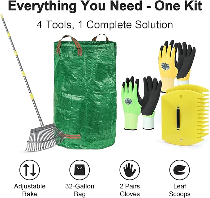 Adjustable Garden Rake for Leaves 36 to 73 Inch 25 Tines with Leaf Scoops, 32 Gallon Self Standing Yard Waste Bag Hoop, 2 Pairs Latex Coated Gloves