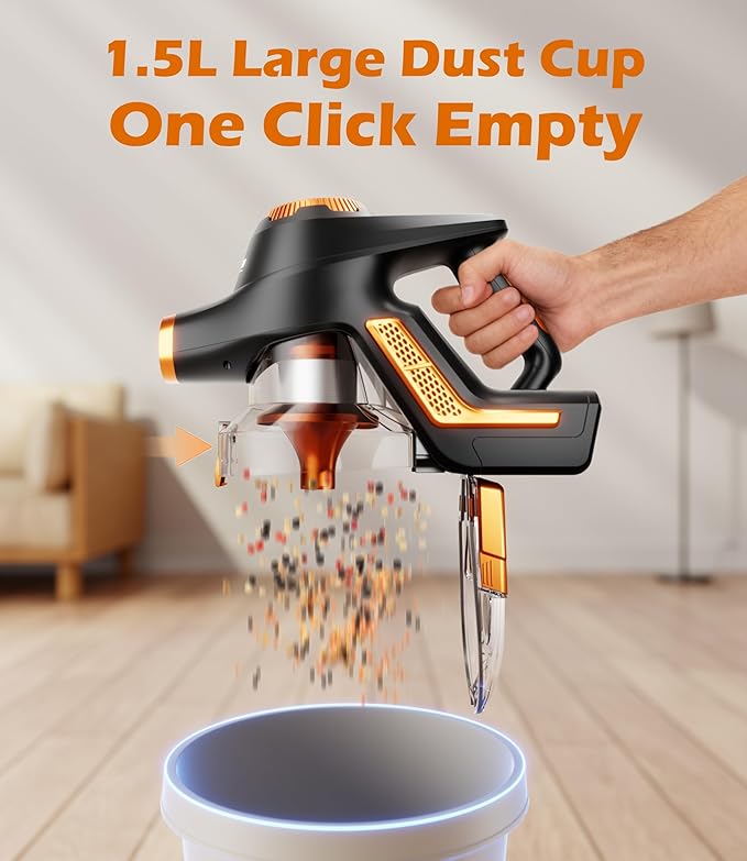 Nvriow Cordless Vacuum Cleaner for Home, 45Kpa Stick Vacuum, Max 80mins Runtime, 1.5L Dust Cup, Rechargeable Lightweight Handheld Vacuum for Carpet/Hardwood Floor/Pet Hair/Car (Sunset Orange)
