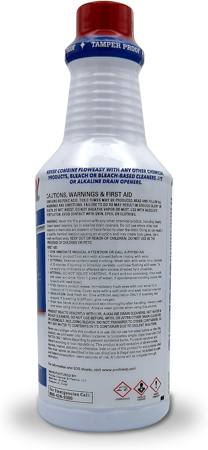 Flow-Easy Professional Virgin Sulfuric Acid Drain Opener – 6 Pack (32oz Bottles) – Fast-Acting Liquid Clog Remover for Grease, Hair, & Soap Scum – Septic Safe & Industrial Strength