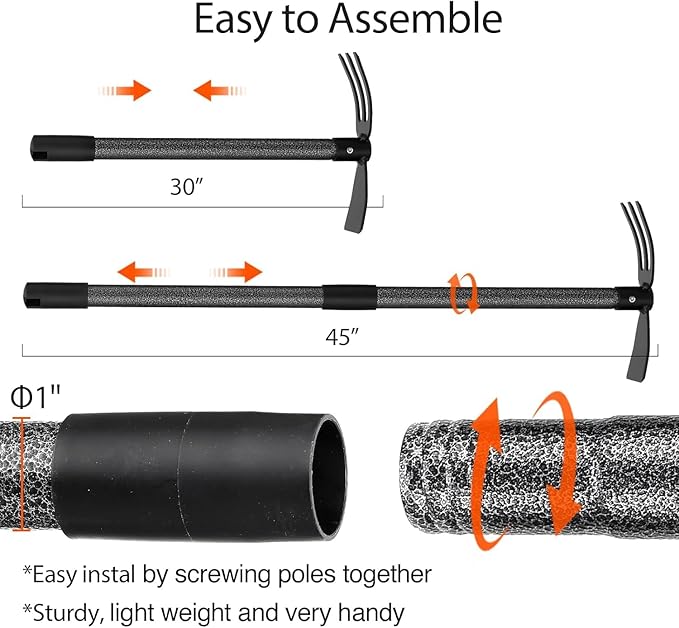 Hoe and Cultivator Gardening Hand Tools, Heavy Duty Stainless Steel Garden Hoe and 3 Fork Hand Tiller for Gardening Weeding Planting with Adjustable Handle 30-45 inch