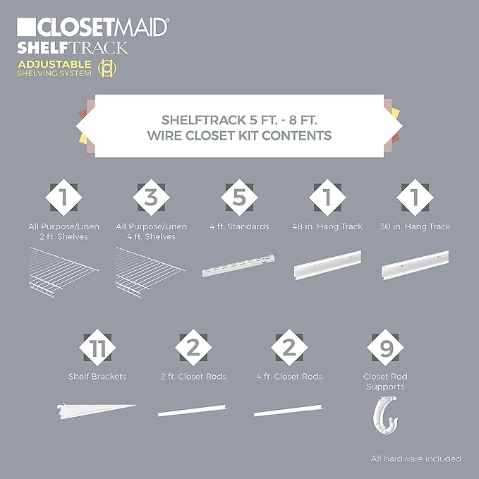ClosetMaid ShelfTrack Wire Closet Organizer System, Adjustable from 5 to 8 Ft., with Shelves, Clothes Rods, Hardware, Durable Steel, White
