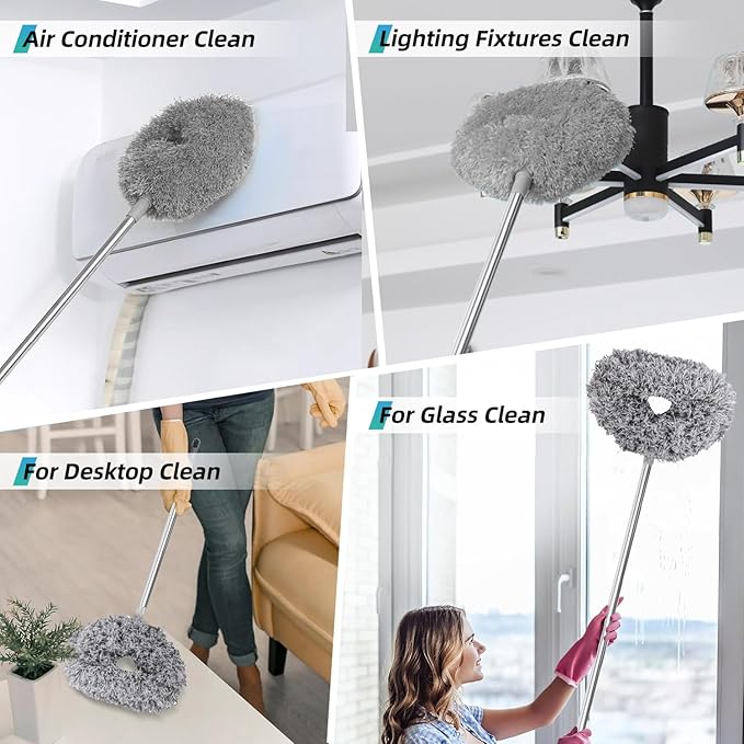 DRQ Ceiling Fan Cleaner Duster, 2 Pack Reusable Microfiber Duster with Extension Pole, 13 to 48 Inch Fan Blade Cleaner, Removable Dusters for Cleaning Walls Bookshelves Door Window Top (Grey)