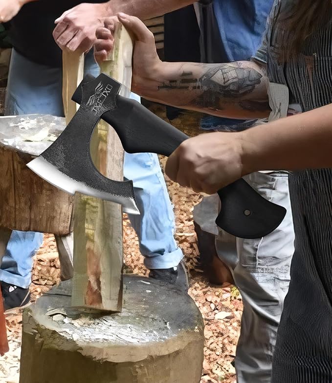 JXE JXO 13 Inch Hatchet, Camping Hatchet 1065 High Manganese Steel, Hickory Handle Tomahawk Axe with Leather Sheath