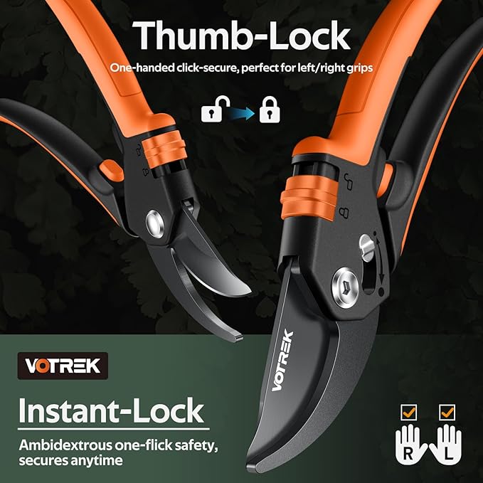 VOTREK® Pruning Shears, [Patented Stepless Handle Opening] - Garden Clippers with Ultra-Sharp SK5 Steel for Weak Hand, Pruners Universal Fit for All Hand Sizes, Effortlessly Cuts 1-Inch Branches