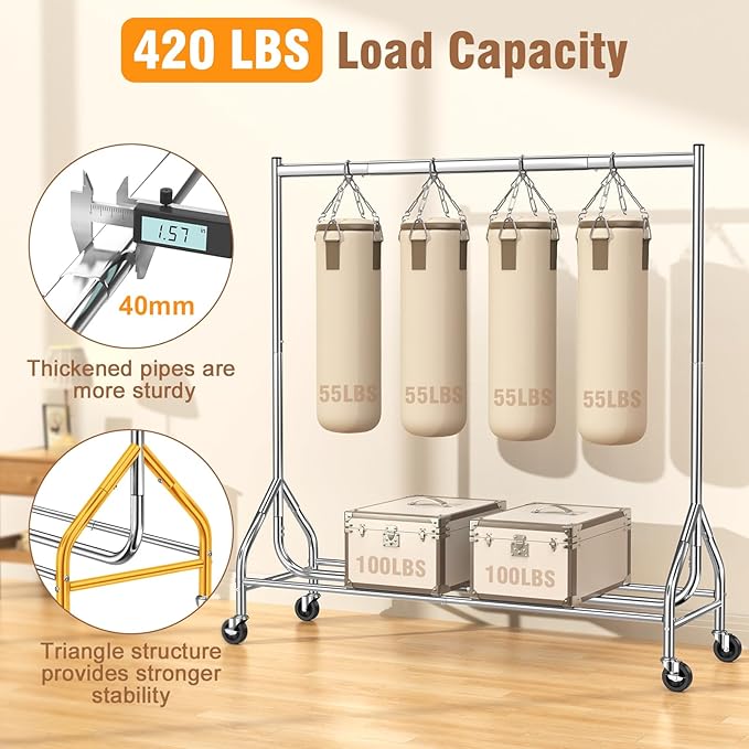 EAGMAK Heavy Duty Clothes Rack Load 420 LBS, Rolling Garment Rack with Lockable Wheels, Standing Metal Clothing Rack, Portable Wardrobe Sturdy Coat Rack for Hanging Clothes (Silver, 59″×18.9″×63″)