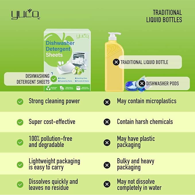 Dishwasher Detergent Sheets 100 Loads Eco Friendly Dishwasher Detergent Plastic-Free Washer Sheets Alternative(Green Apple)
