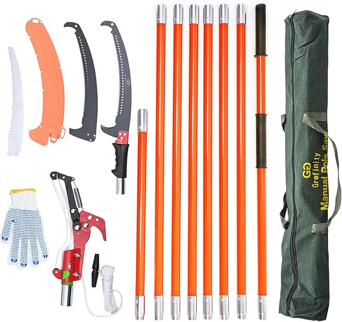 Manual Pole Saw for Tree Trimming, 27 FT Manual tree purner with 8 Fiberglass Handles, Sharp steel Blade and Scissors, Easy to Carry and Extendable Design for Tree Maintenance, Orange