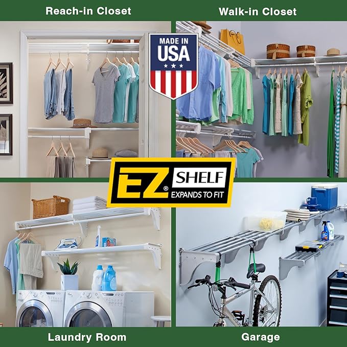 EZ Shelf - DIY Expandable Closet Shelf (NO Hanging Rod) - 40.5” to 73” - White - Easy to Install to 2 Sidewalls -(EZS-SW72)- Wire Closet Shelving Alternative