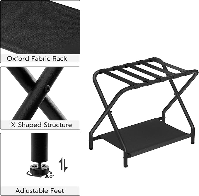 HOOBRO Luggage Rack, Pack of 2, Folding Suitcase Stand with Fabric Storage Shelf for Guest Room, Bedroom, Hotel, Holds up to 100 lb, 27 x 15.3 x 22 Inches, Space Saving, Black BK04XLP201