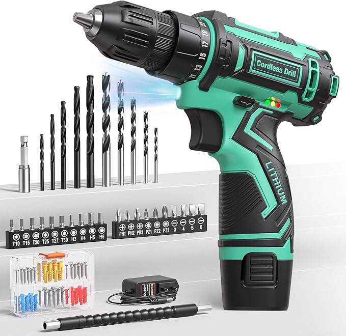 Cordless Drill Set,12V Power Drill Driver 3/8" Keyless Chuck with 92 Acessories, Built-in LED Light, 25+1 Position, Electric Drill for Home DIY Projects（Cyan）