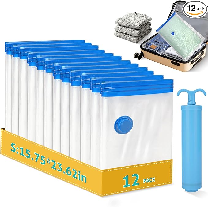 12 Pack Small Travel Vacuum Storage Bags, Portable Vacuum Seal Bags for Clothing Travel with Pump, Space Saver Bag for Luggage Suitcases Clothes Bedding Seasonal Storage
