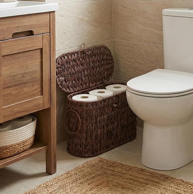 Coeusy Toilet Paper Basket with Lid, Water Hyacinth Wicker Basket for Bathroom Organizers and Storage, Holds Up to 6 Mega Rolls, Decorative Hand-Woven Rattan Bathroom Decor Accessories, Brown