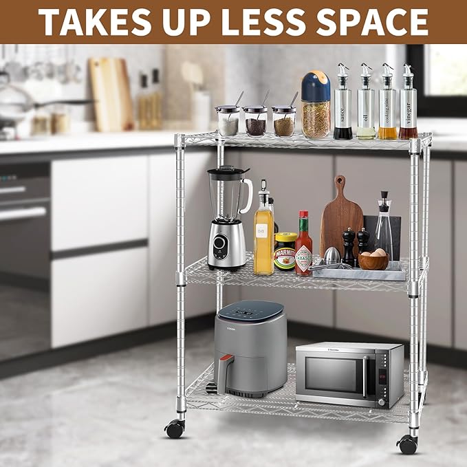 Whitmor 3 Tier Storage Shelving, Heavy Duty with Wheels, Adjustable Steel Organizer, 400 lbs Capacity per Shelf, Max 1200 lbs Total for Garage, Kitchen, Bathroom, 20" L x 14" W x 24" H, Chrome