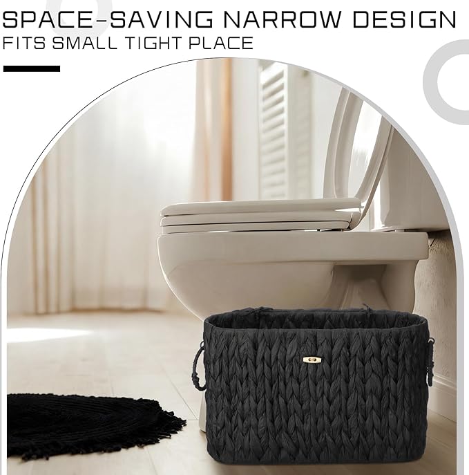 Kathfly Black Toilet Paper Storage Basket with Lid Wicker Woven Bathroom Basket Toilet Paper Holder Holds up to 6 Mega Rolls Woven Organizer for Home Bathroom Kitchen Offices