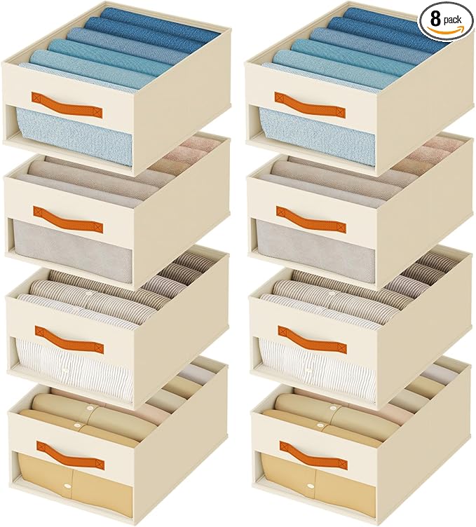 Homsorout Drawer Organizers and Storage - 8 Pack Foldable Pants Organizer with Clear Window & Handles, Fabric Closet Organizer for Clothes, Jeans, Sweaters, Towels, T-shirt, Scarf (Beige)