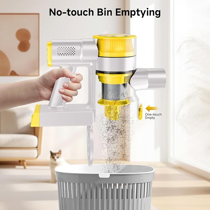 Cordless Vacuum Cleaner, 35Kpa Vacuum Cleaner for Home, 45Mins Stick Vacuum with LED Display, Anti-Tangle & Wall Mount Charging, 6 in 1 Lightweight Vacuum for Hard Floors, Carpet, Pet Hair (yellow)