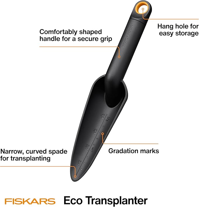 Fiskars Eco Transplanter with Narrow Curved Spade, Depth Markings, Ergonomic Handle, UV Resistance, Ideal for Seedlings and Small Plants