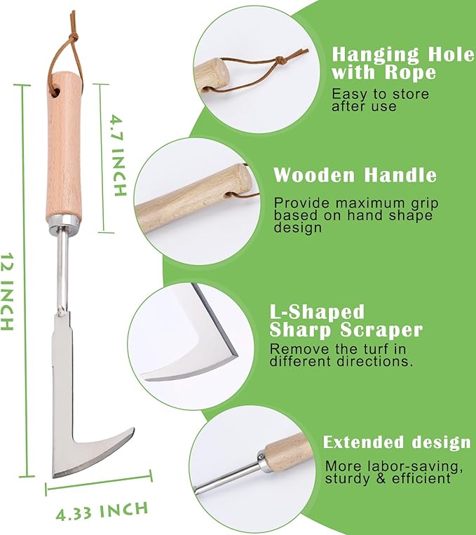 Crack Weeder, 12" Stainless Steel Crevice Weeding Tool with Wood Handle, L-Shaped Side-Walk Weed Puller Spatula, for Garden Lawn Yard Patio Terrace Paving Moss, Small Gardening Tool
