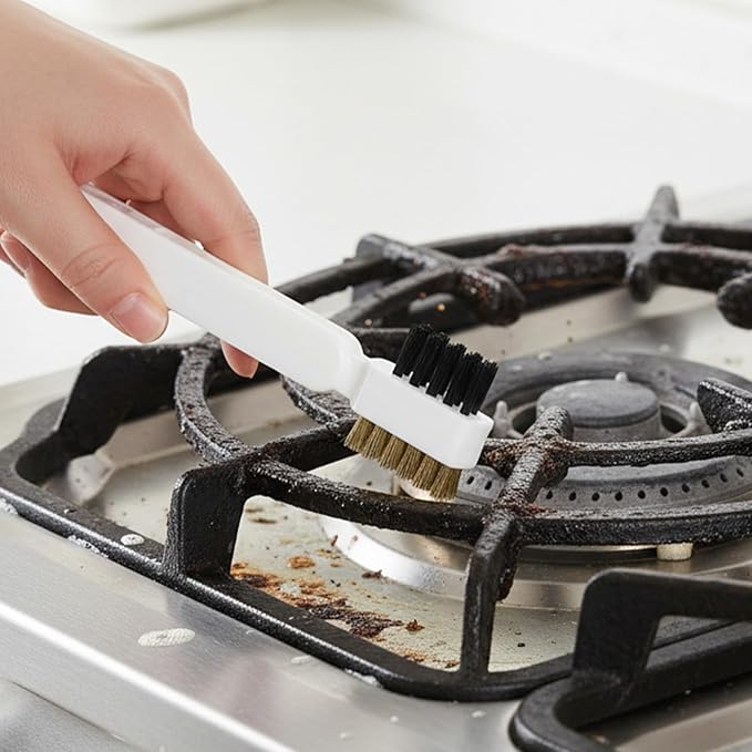 4 in 1Kitchen Cleaning Scrub Brush, Deep Gas Stove Brass Wire Brush with Stiff Bristles & Cooktop Scraper Stainless Steel Scrubber for Range Hood Grease Grime Pot Pan Household Cleaning Tool