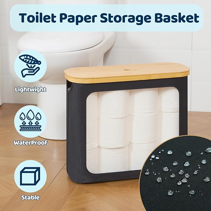 Toilet Paper Storage for 12 Rolls, Toilet Paper Basket with Lid, Bathroom Storage Organizer with Bamboo Lid, Black