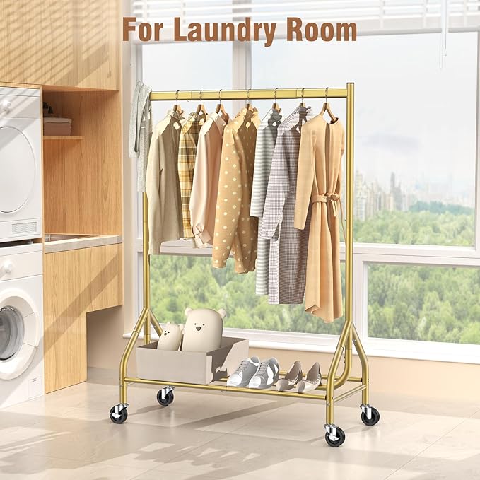 EAGMAK Heavy Duty Clothes Rack Load 420 LBS, Rolling Garment Organizer with Lockable Wheels, Standing Metal Clothing with Shelves, Portable Wardrobe Rack Sturdy Coat Rack for Hanging (Gold)