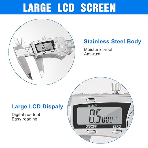 Digital Caliper, Adoric Caliper Measuring Tool 0-6" Stainless Steel Vernier Caliper Digital Micrometer with Large LCD Screen, Easy Switch from Inch Metric Fraction, 6" Caliper Tool for DIY/Household