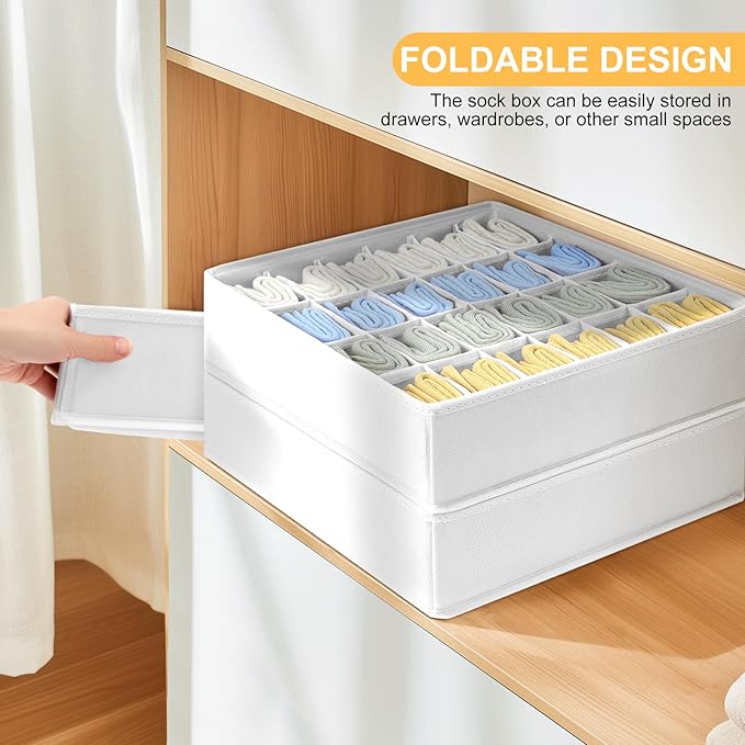 Sock Organizer 4 Pack, 24 Cell Foldable Underwear & Sock Storage, Drawer Organizer for Ties, Belts. (White)