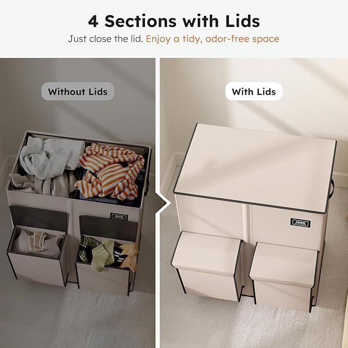 SOLEDI Double Laundry Hamper with Lid, 47.8 Gal (180L) Large Laundr Basket 2 Section with 2 Side Pockets, Dirty Clothes Hamper with Removable Bag, Easy to Carry for Laundry Room, Bedroom, Light taupe