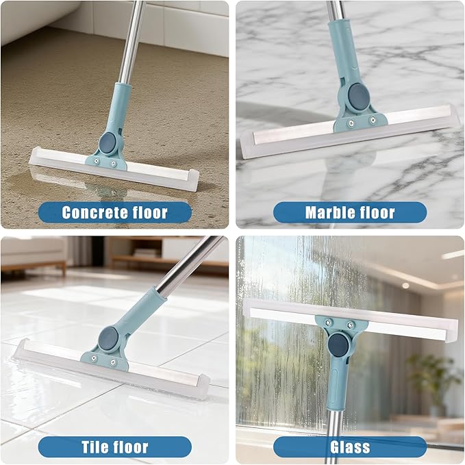 Flat Mop and Bucket Set with Floor Squeegee, Heavy Duty Scrub Brush, 2 Washable Reusable Microfiber Pads, for Tile Hardwood, Wall Cleaning, Home Indoor or Outdoor Cleaning (White-Gray)