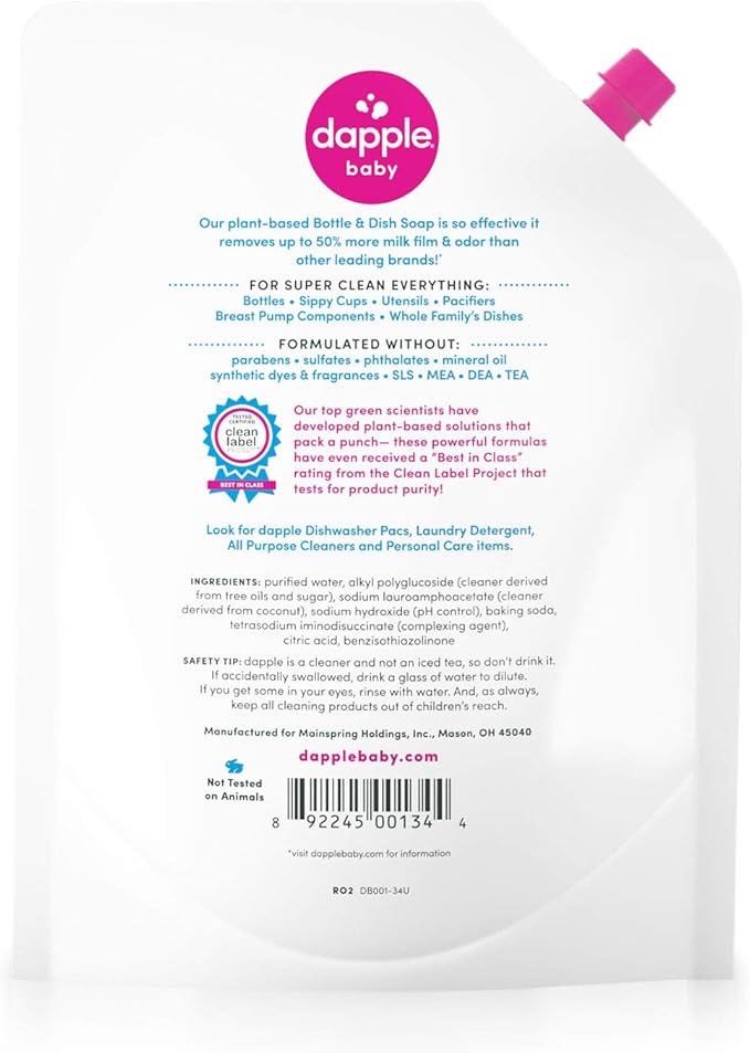 Dapple Refill Pack Baby Bottle and Dish Liquid, Fragrance Free, 33.8 Fluid Ounce