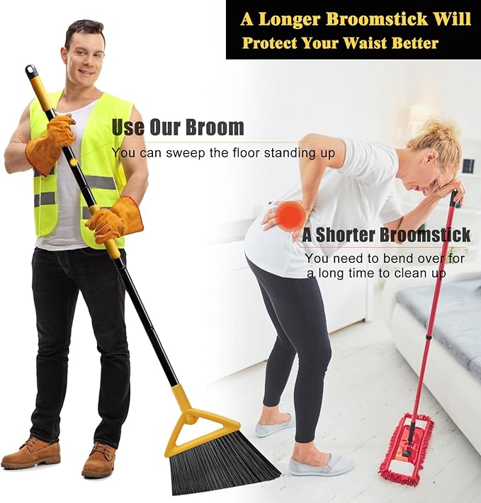 Heavy Duty Broom Outdoor and Indoor, 2 Pack Upgraded Commercial Angle Brooms, Perfect Yellow Broom of House, Kitchen, Garage, Courtyard