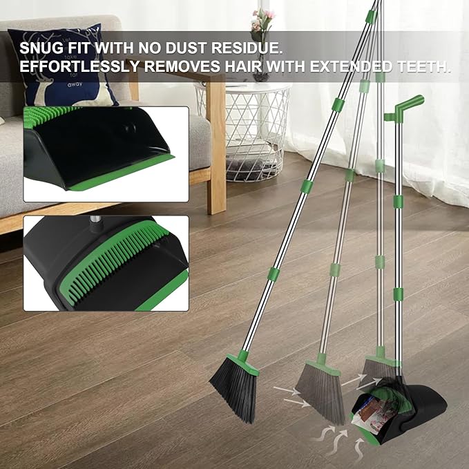 Green Broom with Dustpan Combo Set, 51" Long Handle Household Cleaning Tool, Ideal Broom and Dustpan Set for Pet Hair and Home Use