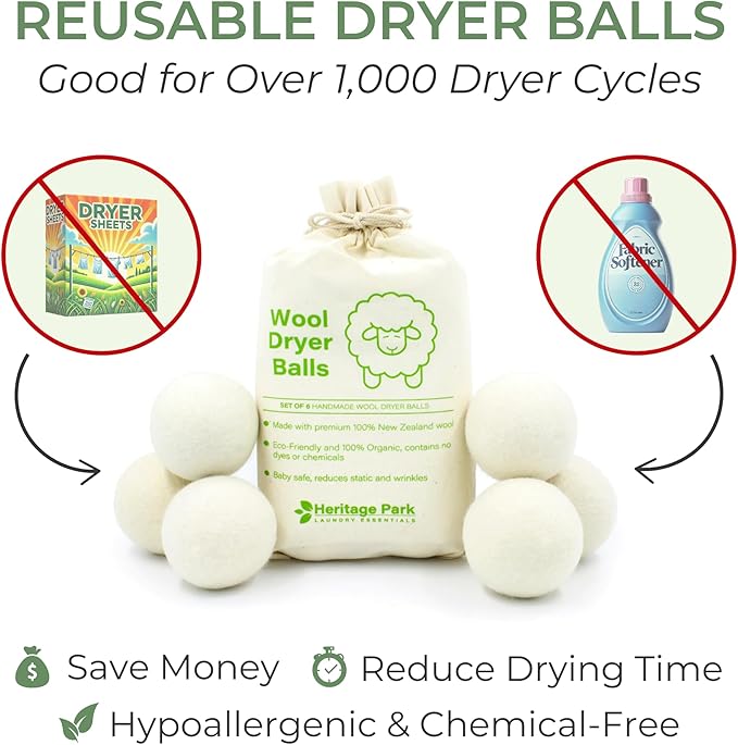 Heritage Park Wool Dryer Balls - 100% New Zealand Wool Handmade, Reusable Dryer Balls for Laundry - Decrease Drying Time - Set of 6 with Storage Bag