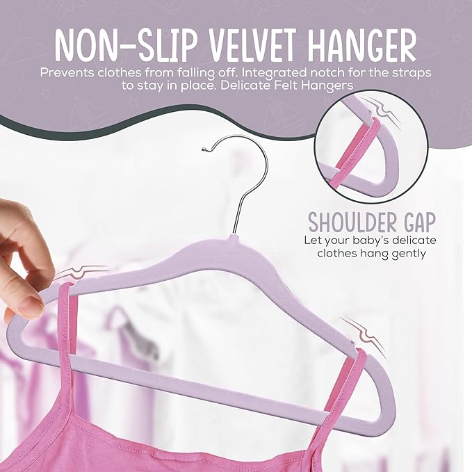 TechZoo 50 Premium Velvet Baby Hangers 11.8" Inch Non-Slip Infant, Ultra Slim Space-Saving Children Closet Hangers, 360° Swivel Hook, Strong & Durable Baby Toddler Kids Clothes Hanger, Purple