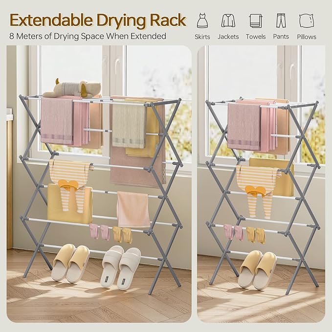 KINGBOARD Clothes Drying Rack, Collapsible Drying Rack Clothing with 11 Poles, 3-Tier Laundry Drying Rack, Small Clothes Drying Rack Foldable for Baby Clothes Sock Towel, 25lb Capacity, White & Grey